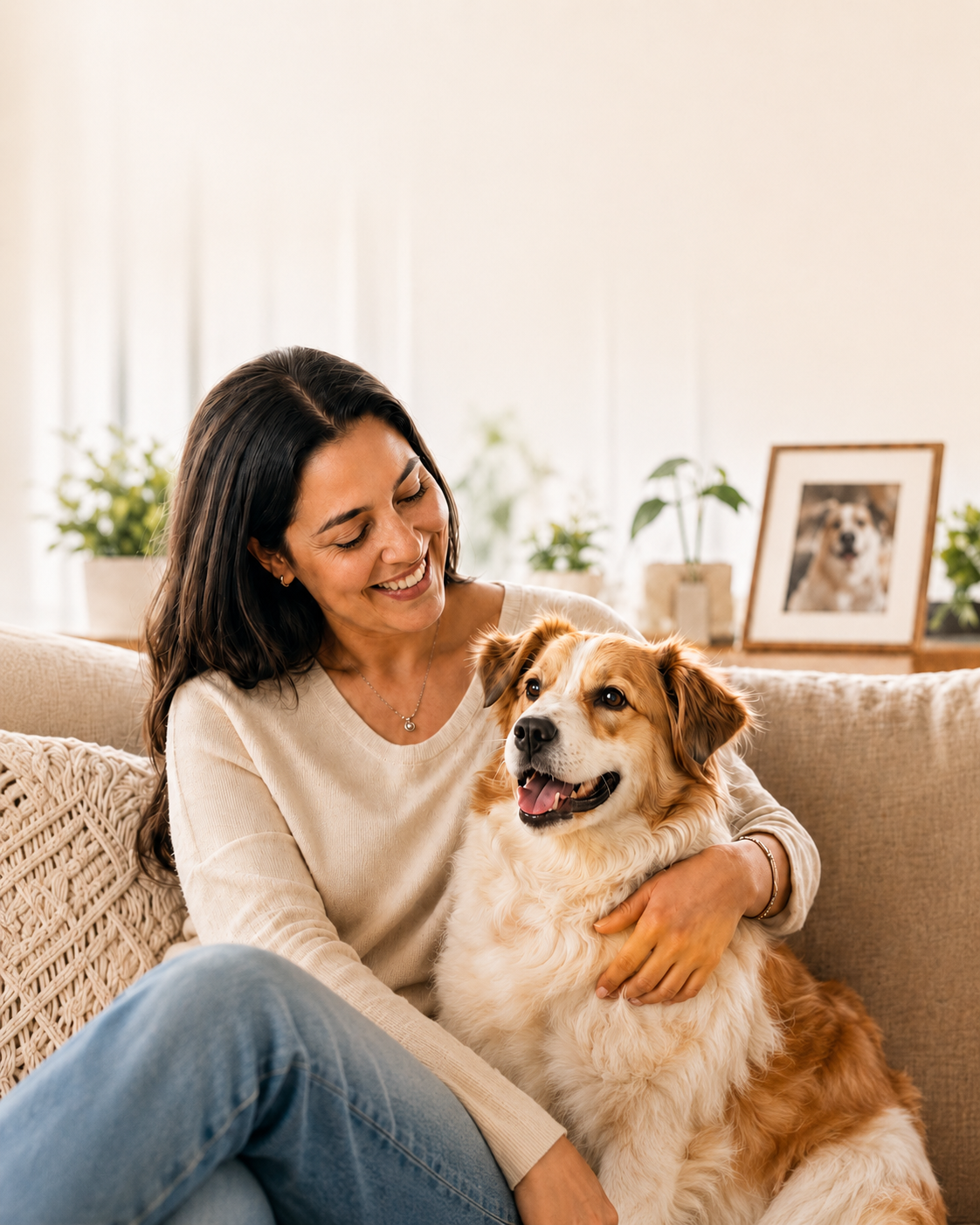 Tutora sorrindo com seu cão dourado — Alphapet Memorial e Crematório Pet